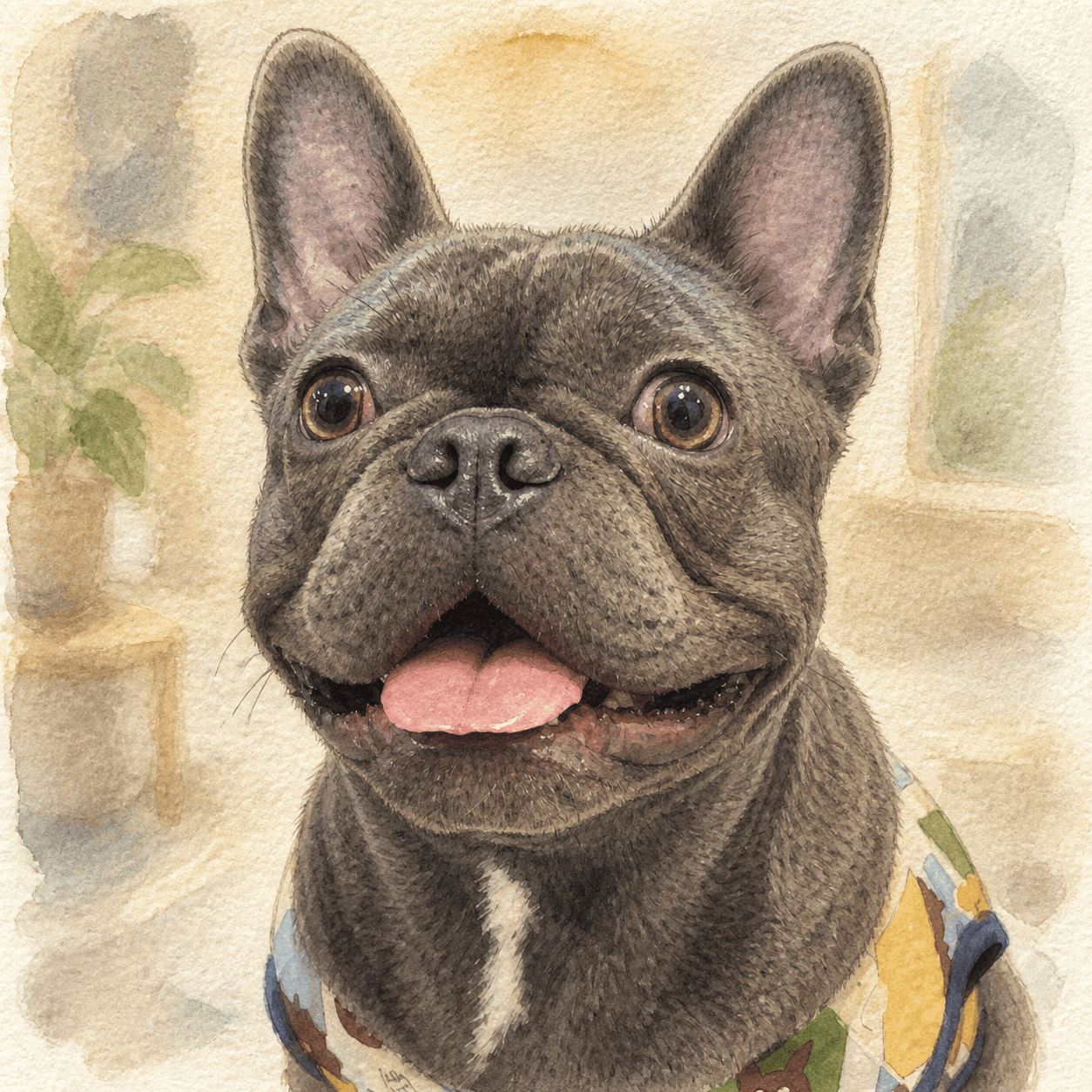 A watercolor portrait of my French bulldog